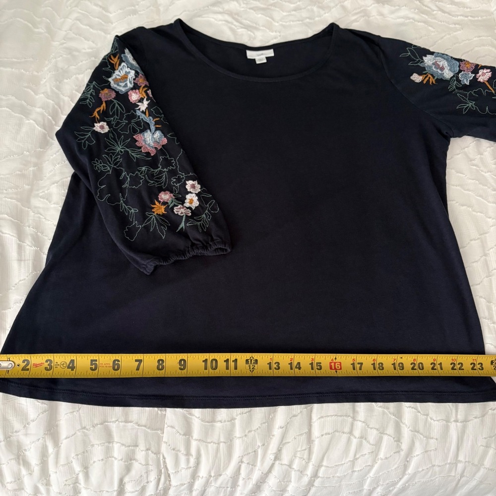 J.Jill Blouse Women Large Petite Navy Blue Good Floral Embroidered 3/4 Sleeve - Picture 8 of 10